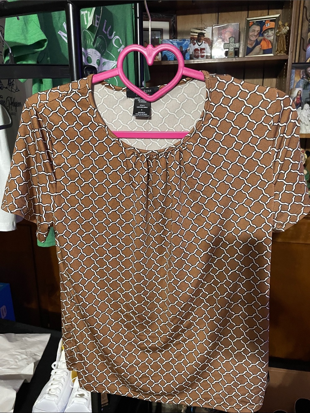 Women's Brown Geo-Print Short Sleeve Blouse